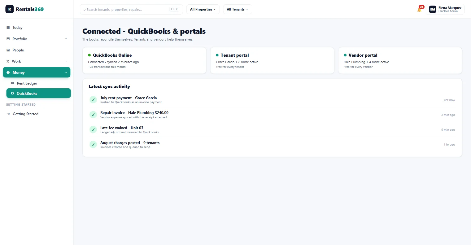 Rentals 369 connections screen showing QuickBooks Online synced with 128 transactions this month, active free tenant and vendor portals, and a sync activity feed of payments, vendor invoices, and posted charges