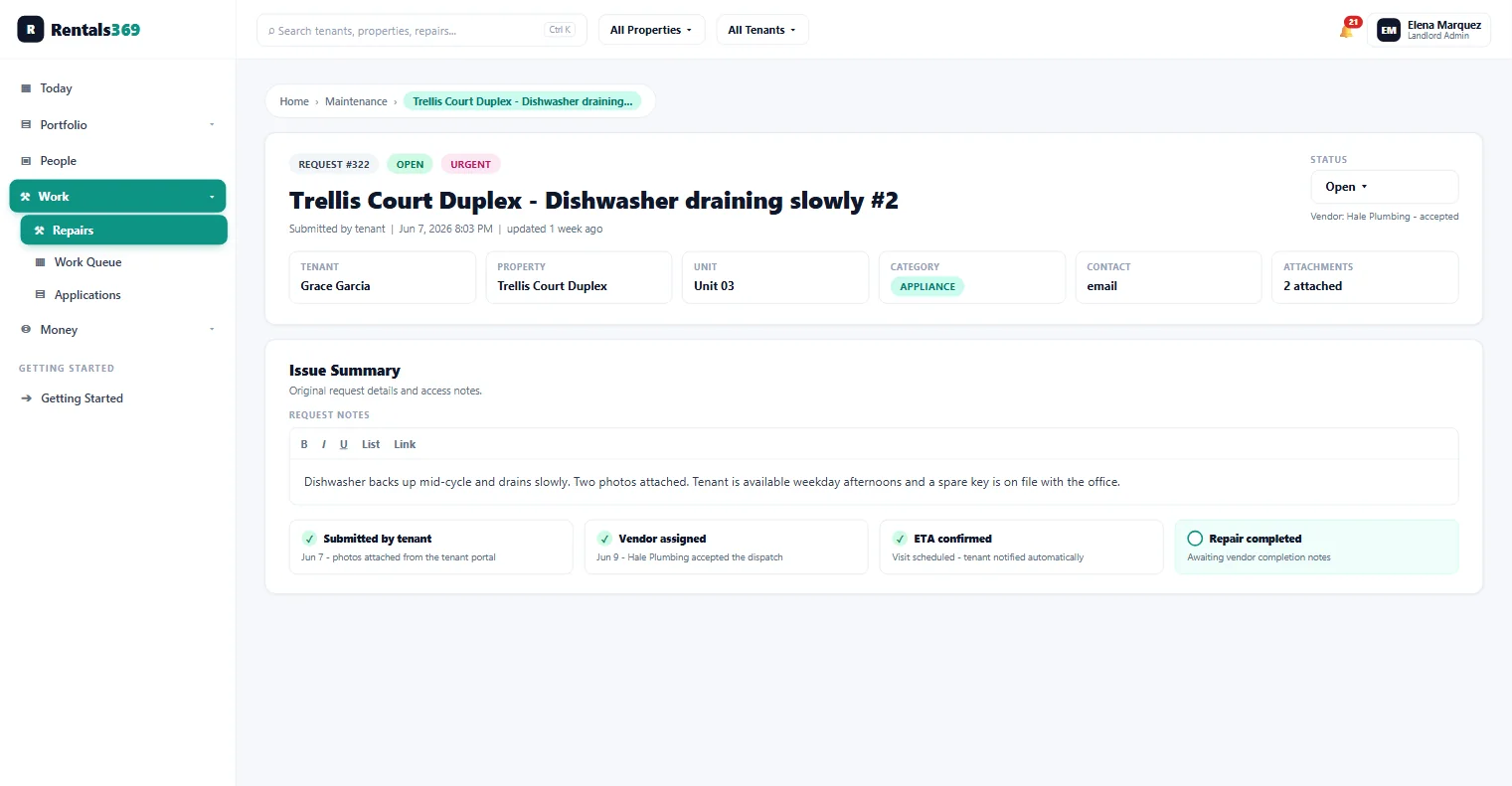 Rentals 369 maintenance request #322 with open and urgent status chips, tenant, property, unit, category, contact, and attachment tiles, the tenant's issue summary, and a four-step vendor timeline from submitted to repair completed