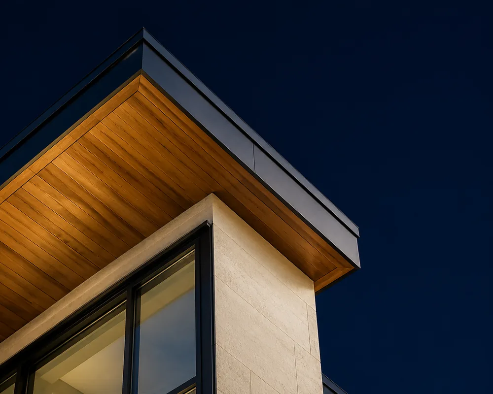 A warmly lit modern home at dusk