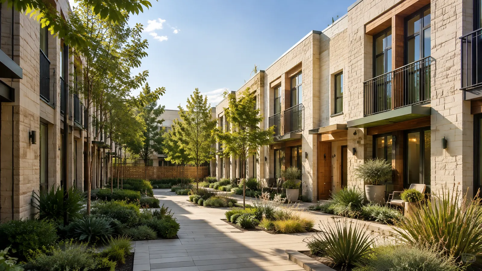 Modern townhomes with warm wood details and landscaped entrances