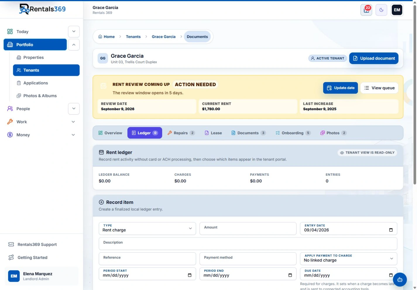Rentals369 rent ledger showing sample charges and payment records